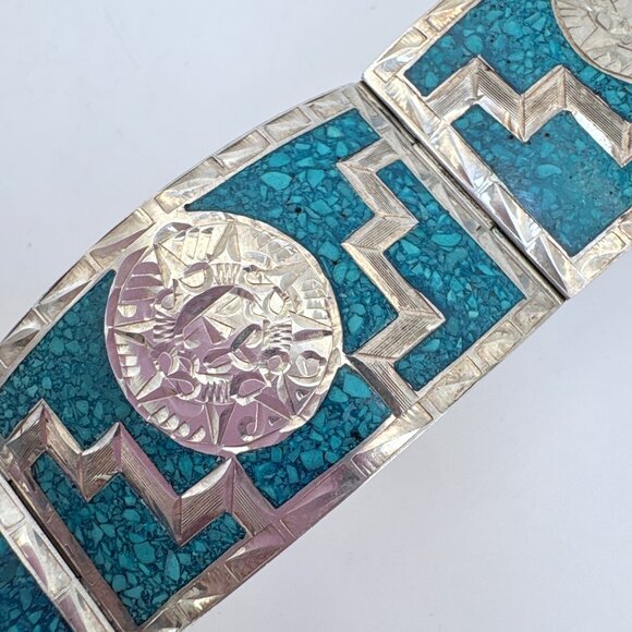 Sterling Silver Turquoise Inlay Aztec Calendar Motifs Hinged Cuff Bracelet 6.75" - Picture 7 of 11